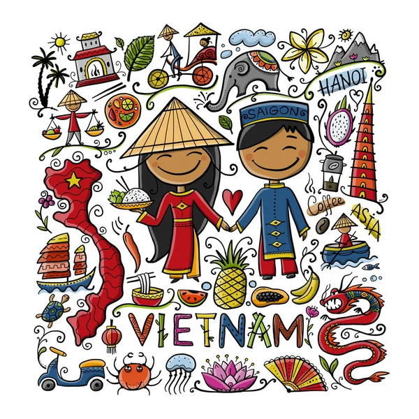 Reis til Vietnam. Ramme med tradisjonelle vietnamesiske kulturelle symboler. Vietnamesiske landemerker og livsstil for mennesker – stockvektor