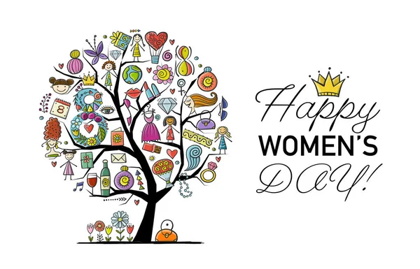 Journée internationale de la femme. Arbre d'art avec accessoires féminins — Image vectorielle