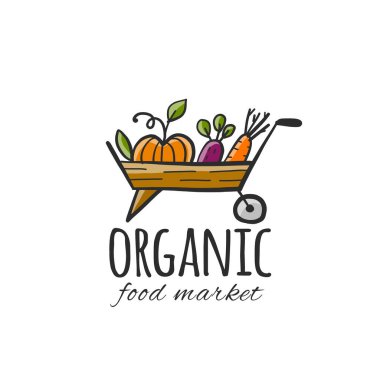 Organik sebzeli tramvay. Çiftlik ürünleri için logo tasarımı