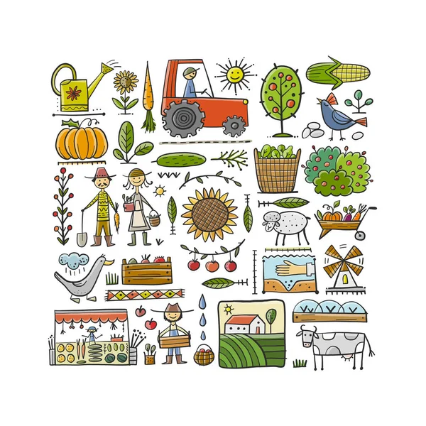 Fondo de la granja orgánica para su diseño. Festival de la Cosecha. Colección de agricultura. Agricultura ecológica concepto ecológico. Productos frescos, cultivados localmente y alimentos orgánicos. Mercado de los agricultores. — Vector de stock