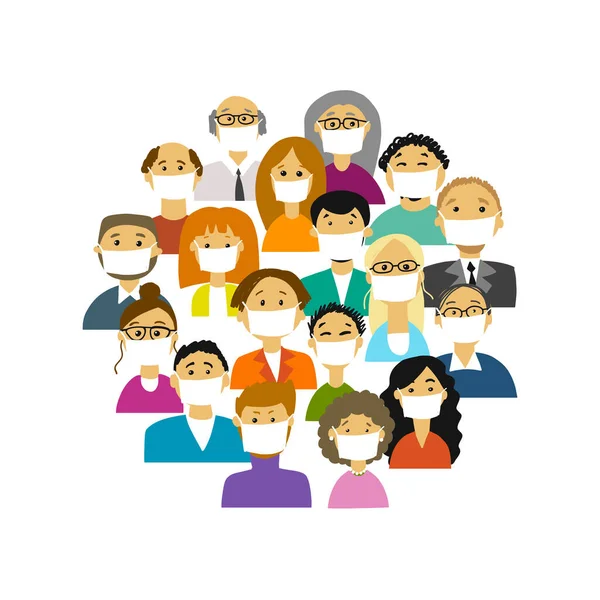 People wearing face masks, air pollution, contaminated air, world pollution. Group of business people wearing medical masks to prevent disease, flu, gas mask. Vector Graphics