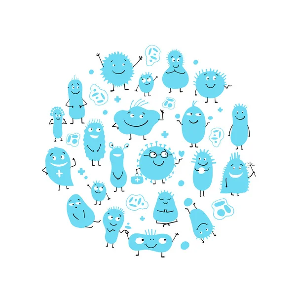 Funny and scary bacteria characters isolated on white. Circle frame background for your design. Vector icons of gut and intestinal flora, germs, virus. — Stock Vector