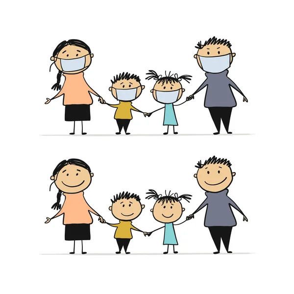 Family wearing protective Medical mask for prevent virus. Dad Mom Daughter Son Grandparents wearing a surgical mask. — Stock Vector