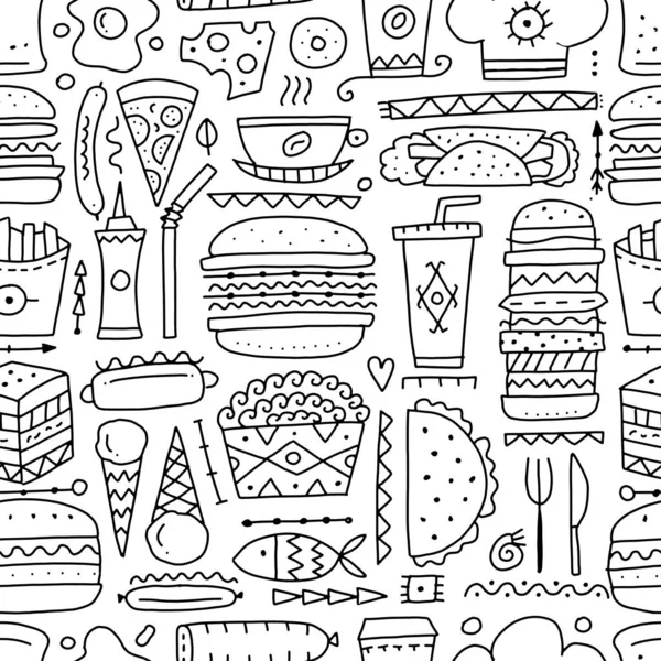 Fast food collection. Hamburger pizza sausages snacks sandwich ice cream. Food menu, seamless pattern for your design. Coloring page