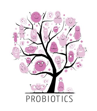 Komik ve korkutucu bakteri karakterleri için aile ağacı kavramı. Bağırsak ve bağırsak florası, mikrop, virüs logosu..