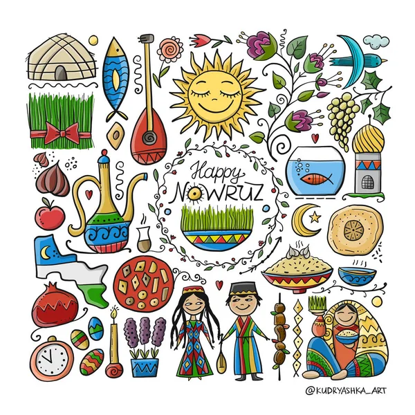 Nowruz, vacanza di arrivo di primavera. Simboli di festa, persone, cibo, costumi e tradizioni. Uzbekistan art. Design della carta regalo — Vettoriale Stock