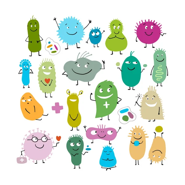 Personajes de bacterias graciosas y aterradoras aisladas en blanco. Iconos vectoriales del intestino y la flora intestinal, gérmenes, virus. — Vector de stock