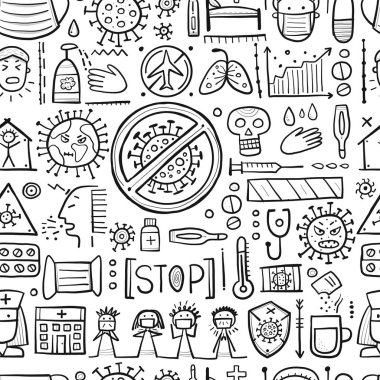 Bakteri ve virüsler - semptomlar, önleme ve tedavi. Enfeksiyon, hastalık, sağlık. Parmak izi kumaşı, duvar kağıdı vb. için soyut, kusursuz desen. Tıbbi tema