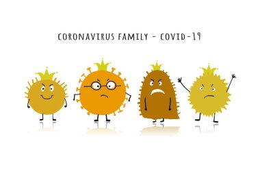 Coronavirus ailesi, covid-19. Beyaz üzerine izole şirin karakter