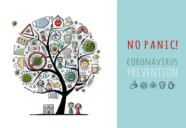 Gejala Coronavirus, Pencegahan dan pengobatan. Infeksi, Sakit, Sehat. Banner dengan pohon konsep untuk desain Anda - Stok Vektor