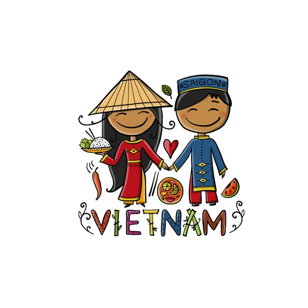 Cartoon Vietnam couple wearing traditional costumes — Stock Vector