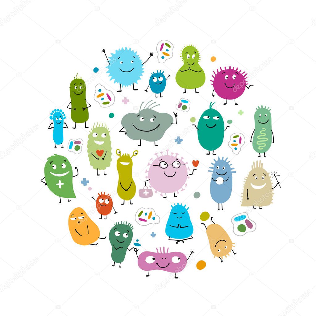 Funny and scary bacteria characters isolated on white. Circle frame background for your design. Icons of gut and intestinal flora, germs, virus.