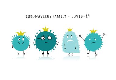Coronavirus ailesi, covid-19. Beyaz üzerine izole şirin karakter