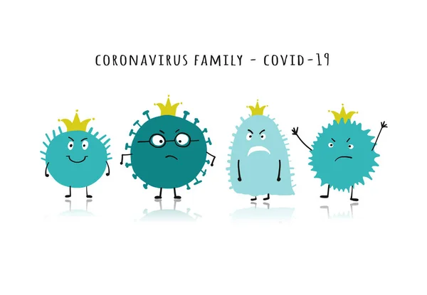 Keluarga Coronavirus, covid-19. Karakter lucu diisolasi pada warna putih - Stok Vektor