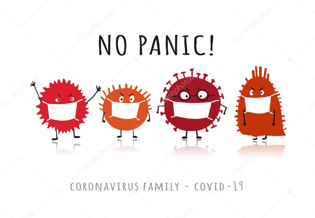 Coronavirus family, covid-19. Cute virus characters wearing masks, isolated on white