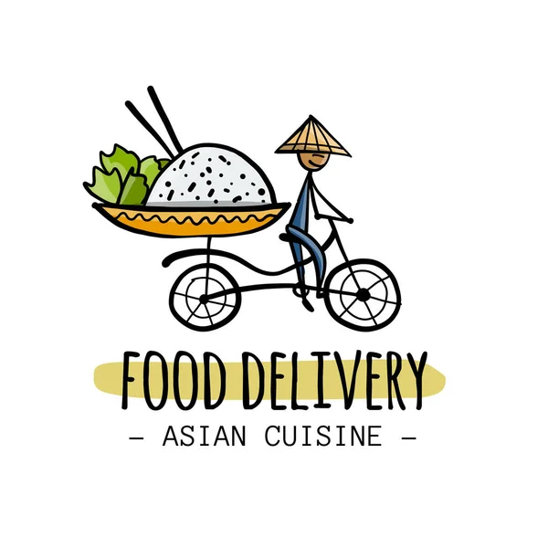 Entrega de alimentos. Hombre asiático conducir bicicleta con comida. Boceto para su diseño — Vector de stock