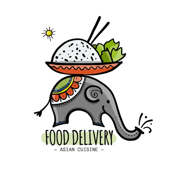 Conceito de entrega de alimentos. Elefante asiático com comida. Esboço para o seu projeto — Vetor de Stock