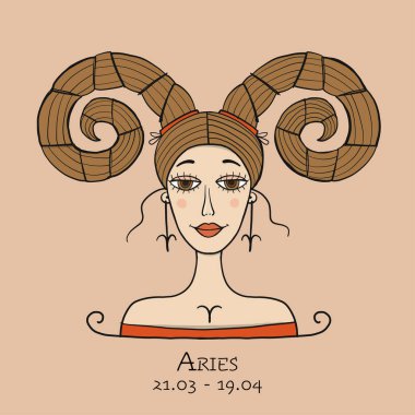 Koç burcunun resmedilmiş hali. Ateş elementi. Güzel Kız Portresi. Astroloji Takviminiz, Burcunuz, Baskınız İçin Koleksiyondaki 12 kadından Biri.