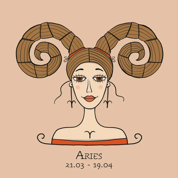 Illustration av Aries zodiac tecken. Element av eld. Vackert flickporträtt. En av 12 kvinnor i samlingen för din design av astrologi kalender, horoskop, skriva ut. — Stock vektor