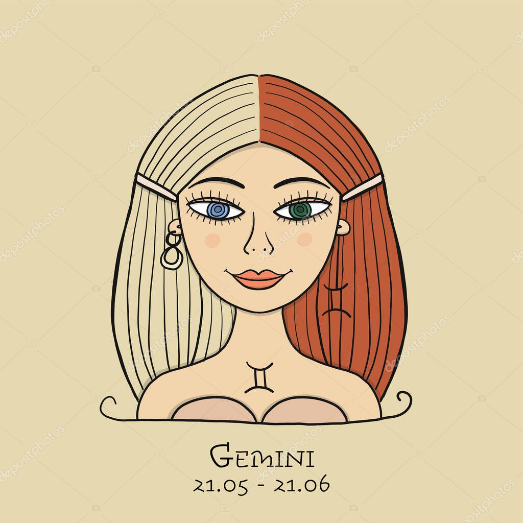 Illustration of Gemini zodiac sign. Element of Air. Beautiful Girl Portrait. One of 12 Women in Collection For Your Design of Astrology Calendar, Horoscope, Print. Vector illustration