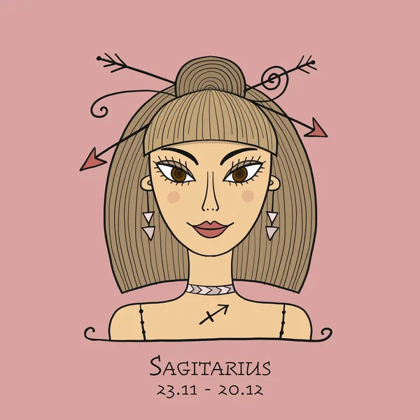 Ilustracja znaku zodiaku Strzelca. Pierwiastek Ognia. Portret pięknej dziewczyny. Jedna z 12 Kobiet w kolekcji Do Projektowania Kalendarza Astrologicznego, Horoskop, Drukuj. — Wektor stockowy