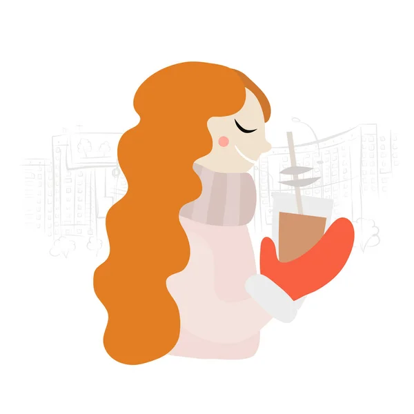 Schattig meisje in trui die koffie drinkt. Stadsgezicht achtergrond. Schets voor uw ontwerp — Stockvector