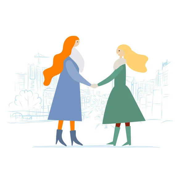 两个女人握手。商业概念。城市景观背景 — 图库矢量图片