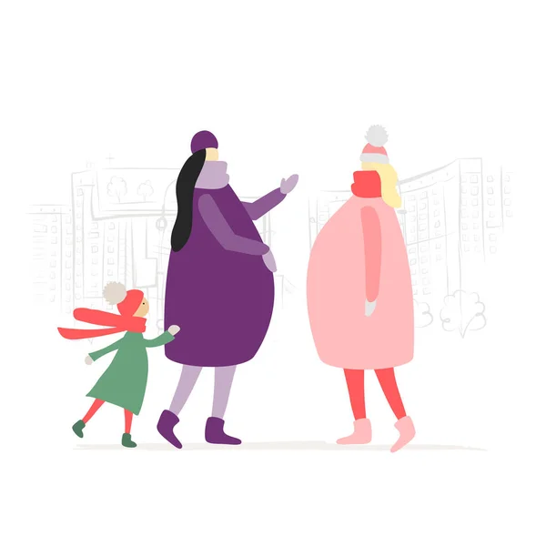 Mulheres grávidas com criança conversando na rua da cidade. Temporada de Inverno. Feliz gravidez —  Vetores de Stock