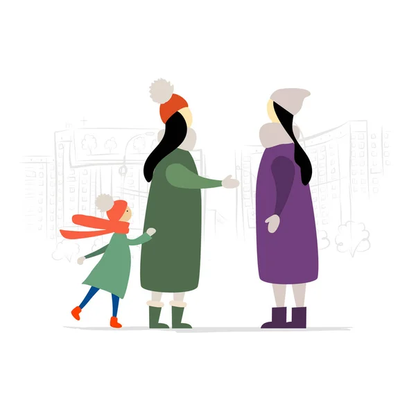 Femmes avec enfant Parler dans la rue de la ville. Saison d'hiver . — Image vectorielle