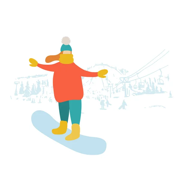 女の子はスノーボードを学ぶ。スキーリゾートのスケッチの背景 — ストックベクタ