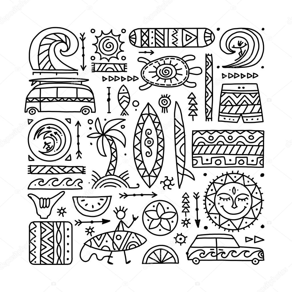 Surfing background. Tribal elements for your design. Vector illustration