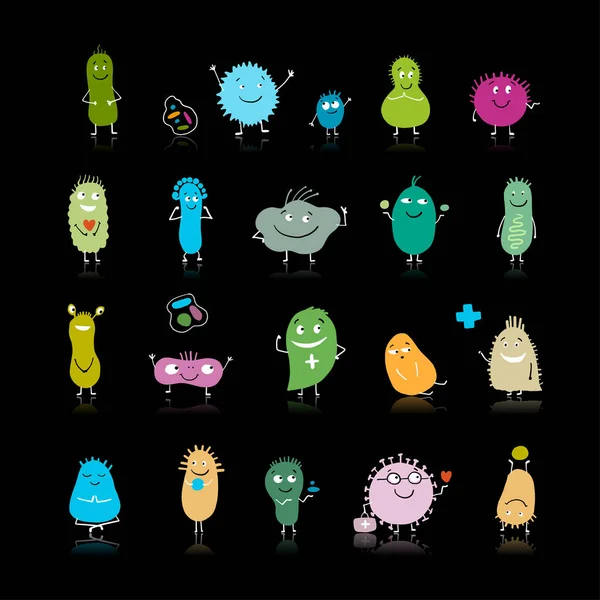 Karakter bakteri lucu dan menakutkan terisolasi pada warna hitam. Vektor ikon usus dan usus flora, kuman, virus. - Stok Vektor