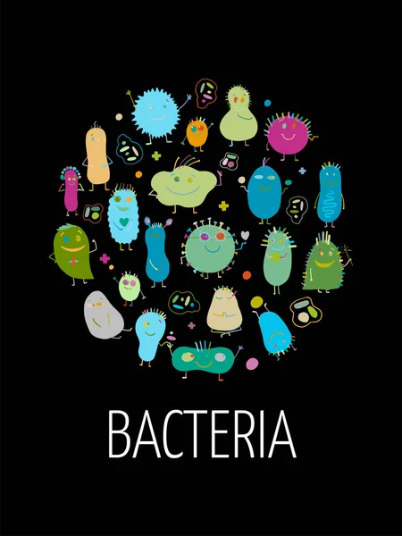 Funny and scary bacteria characters. Circle frame background for your design. Vector icons of gut and intestinal flora, germs, virus. — Stock Vector