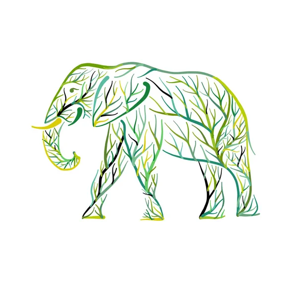 Elephant vorm gemaakt van boombladeren. Red de aarde. Vectorontwerp — Stockvector