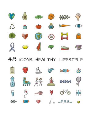 Dünya Sağlık Günü. Sağlıklı yaşam tarzı için 48 simge tasarımı