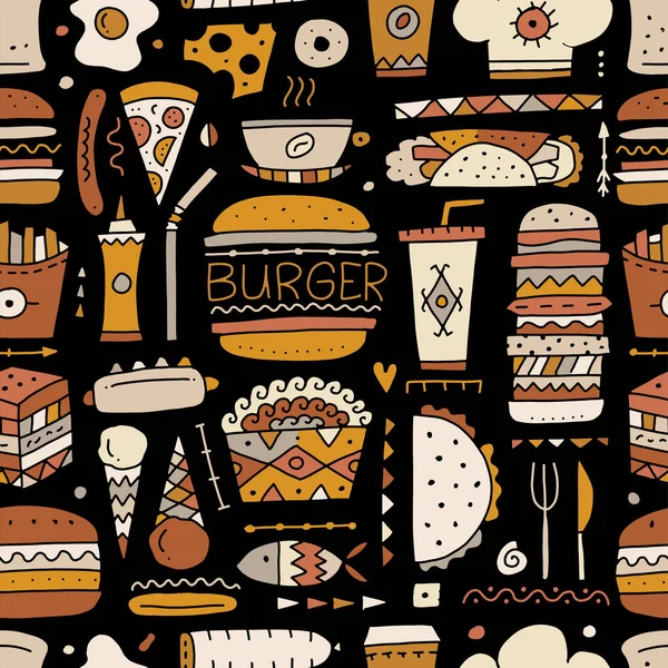 Fast food collection. Hamburger pizza sausages snacks sandwich ice cream. Food menu, seamless pattern for your design — Stock Vector