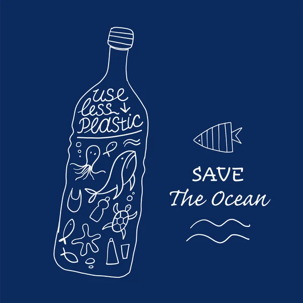 Χρησιμοποιήστε Λιγότερο Πλαστικά ans Αποθήκευση Ωκεανού, Concept Art. Marine Life στο μπουκάλι — Διανυσματικό Αρχείο
