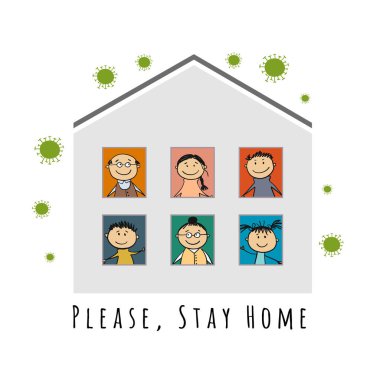 Evde kal, Karantina Konsepti. House 'daki aile. Tasarımınız için çizim