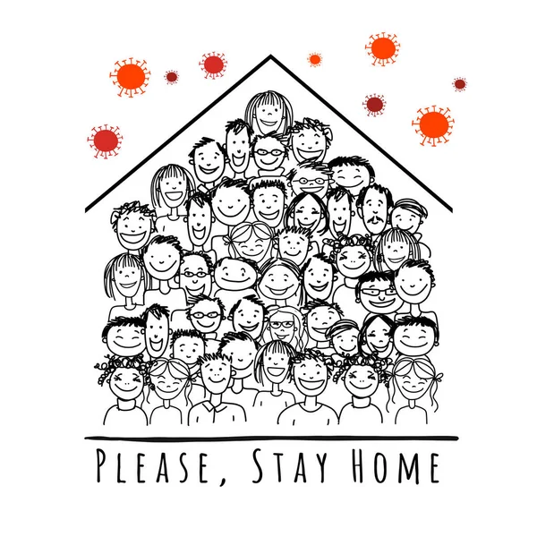 Stay at Home, Concepto de Cuarentena. La gente de House. Boceto para su diseño — Archivo Imágenes Vectoriales