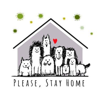 Evde kal, Karantina Konsepti. House 'daki Dogs Ailesi. Tasarımınız için çizim