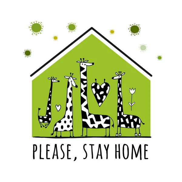 Zůstaň doma, karanténní koncepce. Žirafa rodina v domě. Skica pro váš design — Stockový vektor