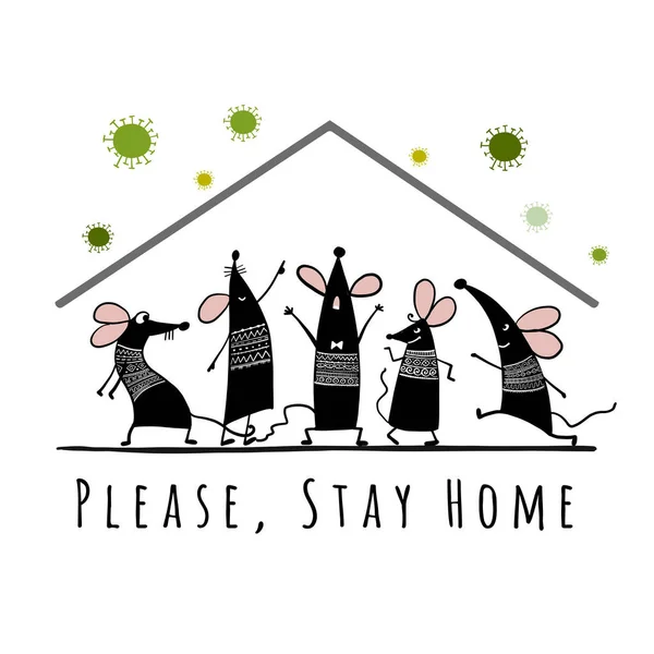 Zůstaň doma, karanténní koncepce. Funny Mouse Family v domě. Skica pro váš design — Stockový vektor