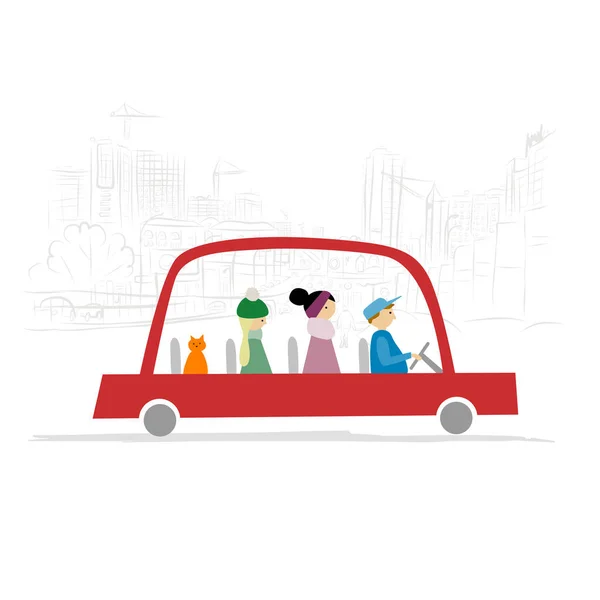 Red taxi car with people and cat drive on city background — Stock Vector