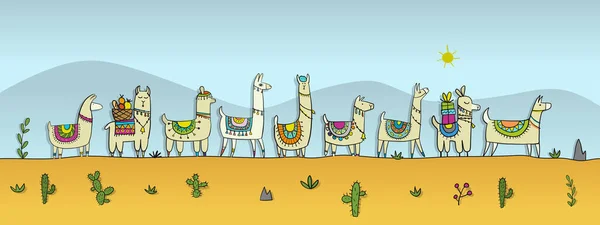 Cute lamas family in desert. Sketch for your design — Stock Vector