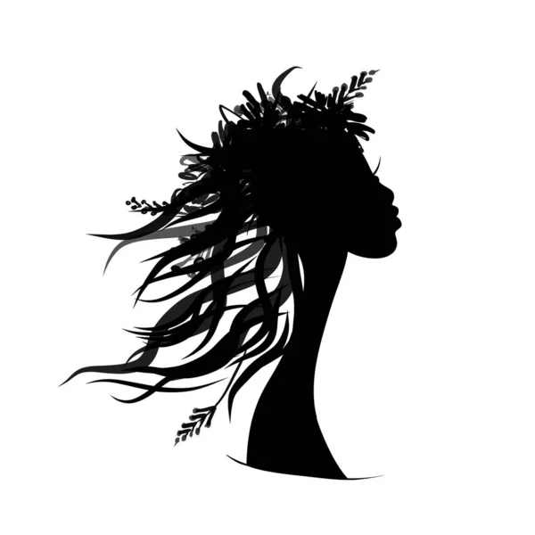 Pretty floral woman, black silhouette for your design — Stock Vector