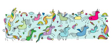 Sihirli tek boynuzlu atlar, dizaynınız için kusursuz desenler.