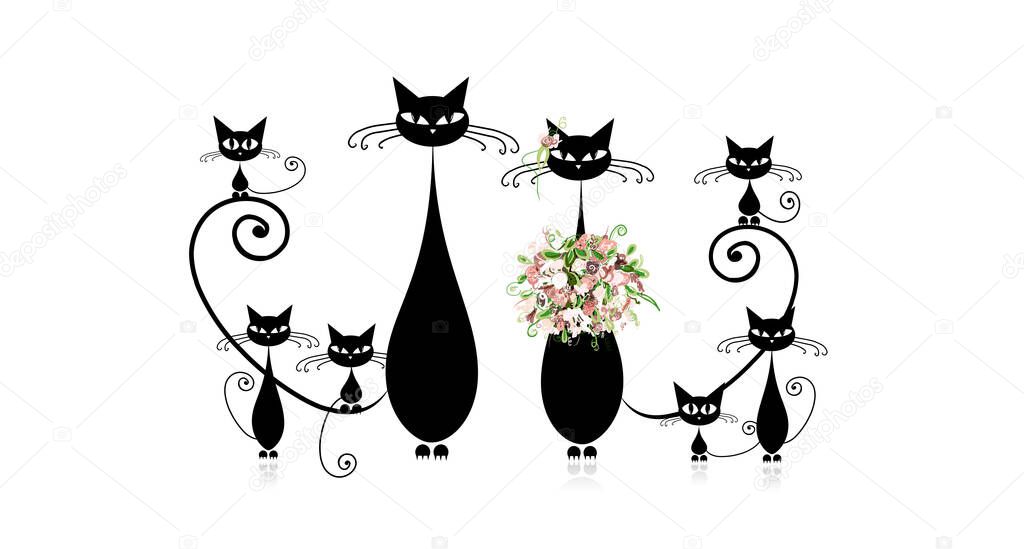 Funny cats family with kittens, black silhouette. Vector illustration