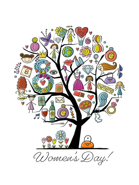 Παγκόσμια Ημέρα της Γυναίκας. Καλλιτεχνικό δέντρο με γυναικεία accesuares — Διανυσματικό Αρχείο