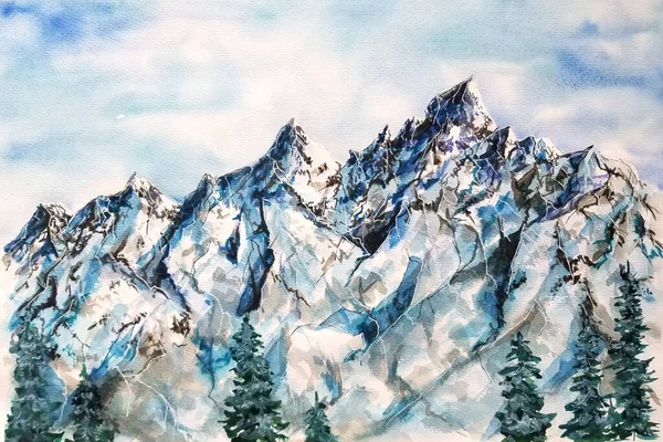 Watercolor Mountains Snow Capped Peaks — Stock Photo, Image