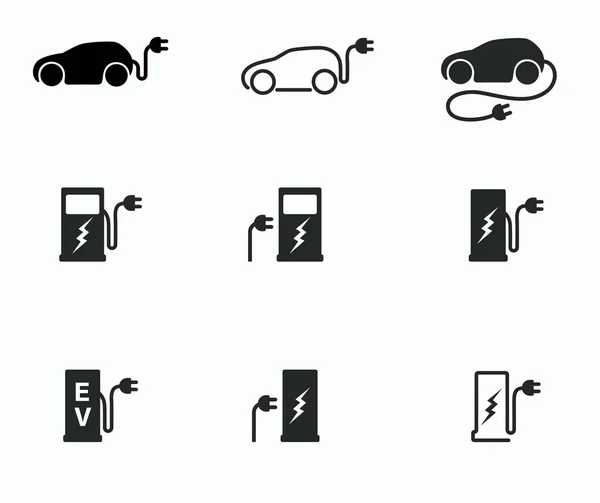 Elektrisch aangedreven auto en opladen punt pictogrammen — Stockvector